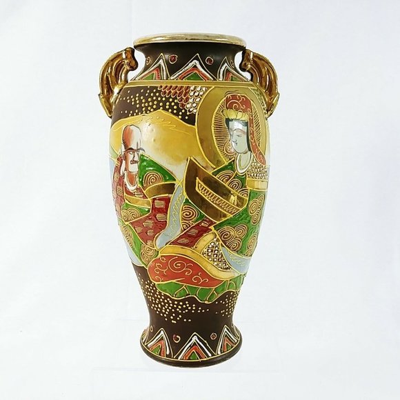 Satsuma Japanese Vase Enamel Moriage Details Gold Immortals 12" Handles - Picture 1 of 9